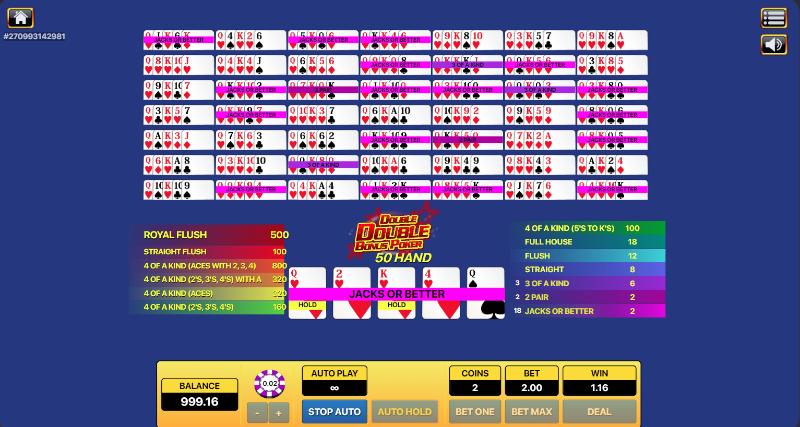 Cách chơi Double Double Bonus Poker 50 Hand